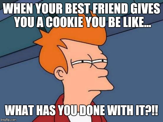 Futurama Fry | WHEN YOUR BEST FRIEND GIVES YOU A COOKIE YOU BE LIKE... WHAT HAS YOU DONE WITH IT?!! | image tagged in memes,futurama fry | made w/ Imgflip meme maker