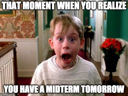 THAT MOMENT WHEN YOU REALIZE; YOU HAVE A MIDTERM TOMORROW | image tagged in home alone | made w/ Imgflip meme maker