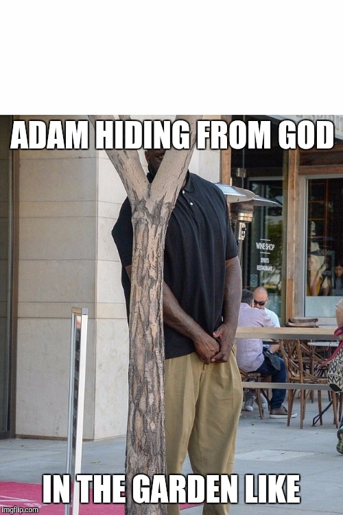 Inconspicuous Shaquille O'neal |  ADAM HIDING FROM GOD; IN THE GARDEN LIKE | image tagged in inconspicuous shaquille o'neal | made w/ Imgflip meme maker
