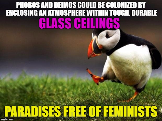 Unpopular Opinion Puffin | PHOBOS AND DEIMOS COULD BE COLONIZED BY ENCLOSING AN ATMOSPHERE WITHIN TOUGH, DURABLE; GLASS CEILINGS; PARADISES FREE OF FEMINISTS | image tagged in memes,unpopular opinion puffin | made w/ Imgflip meme maker