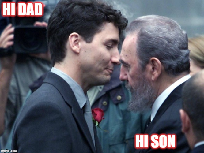 Justin Trudeau embraces Fidel Castro | HI DAD; HI SON | image tagged in justin trudeau embraces fidel castro | made w/ Imgflip meme maker