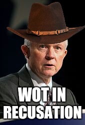 Wot in recusation | WOT IN; RECUSATION | image tagged in jeff sessions,recuse,wot in tarnation,what in tarnation | made w/ Imgflip meme maker