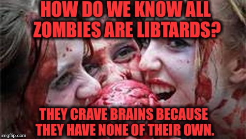 All Zombies are Libtards | HOW DO WE KNOW ALL ZOMBIES ARE LIBTARDS? THEY CRAVE BRAINS BECAUSE THEY HAVE NONE OF THEIR OWN. | image tagged in all zombies are libtards | made w/ Imgflip meme maker