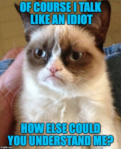 Grumpy Cat | OF COURSE I TALK LIKE AN IDIOT; HOW ELSE COULD YOU UNDERSTAND ME? | image tagged in memes,grumpy cat | made w/ Imgflip meme maker