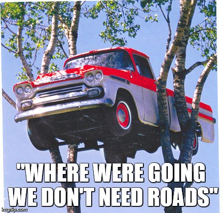 truck
 | "WHERE WERE GOING WE DON'T NEED ROADS" | image tagged in truck | made w/ Imgflip meme maker