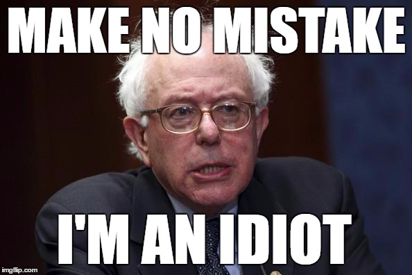 idiot | MAKE NO MISTAKE; I'M AN IDIOT | image tagged in bernie sanders | made w/ Imgflip meme maker