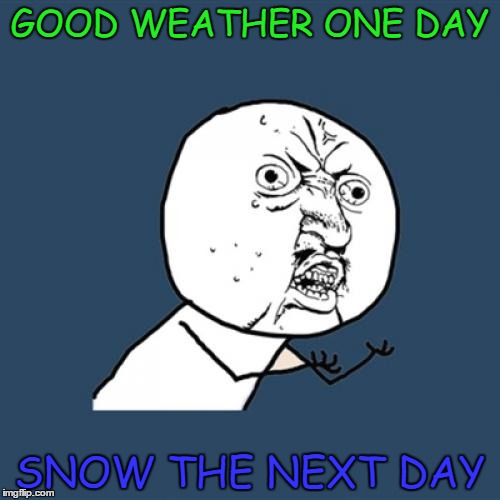 Y U No | GOOD WEATHER ONE DAY; SNOW THE NEXT DAY | image tagged in memes,y u no | made w/ Imgflip meme maker