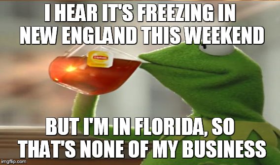 I HEAR IT'S FREEZING IN NEW ENGLAND THIS WEEKEND; BUT I'M IN FLORIDA, SO THAT'S NONE OF MY BUSINESS | image tagged in cold weather | made w/ Imgflip meme maker