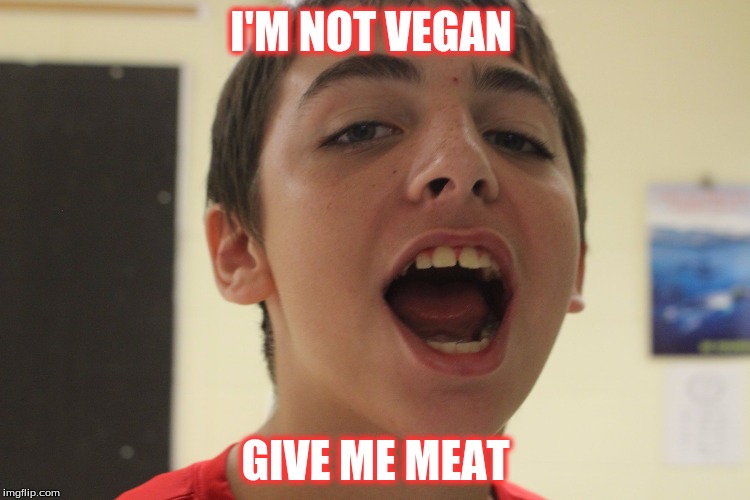 silly billy | I'M NOT VEGAN; GIVE ME MEAT | image tagged in too damn high | made w/ Imgflip meme maker