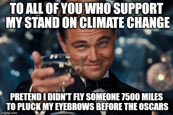 Leonardo Dicaprio Cheers | TO ALL OF YOU WHO SUPPORT MY STAND ON CLIMATE CHANGE; PRETEND I DIDN'T FLY SOMEONE 7500 MILES TO PLUCK MY EYEBROWS BEFORE THE OSCARS | image tagged in memes,leonardo dicaprio cheers | made w/ Imgflip meme maker