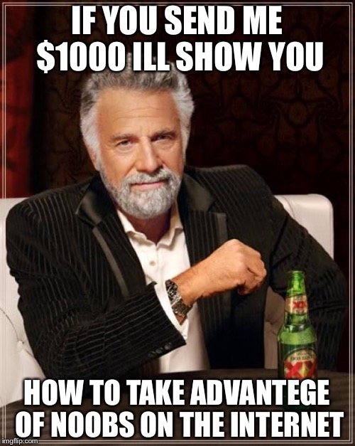 The Most Interesting Man In The World Meme | IF YOU SEND ME $1000 ILL SHOW YOU; HOW TO TAKE ADVANTEGE OF NOOBS ON THE INTERNET | image tagged in memes,the most interesting man in the world | made w/ Imgflip meme maker