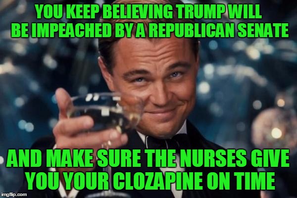 Leonardo Dicaprio Cheers Meme | YOU KEEP BELIEVING TRUMP WILL BE IMPEACHED BY A REPUBLICAN SENATE AND MAKE SURE THE NURSES GIVE YOU YOUR CLOZAPINE ON TIME | image tagged in memes,leonardo dicaprio cheers | made w/ Imgflip meme maker