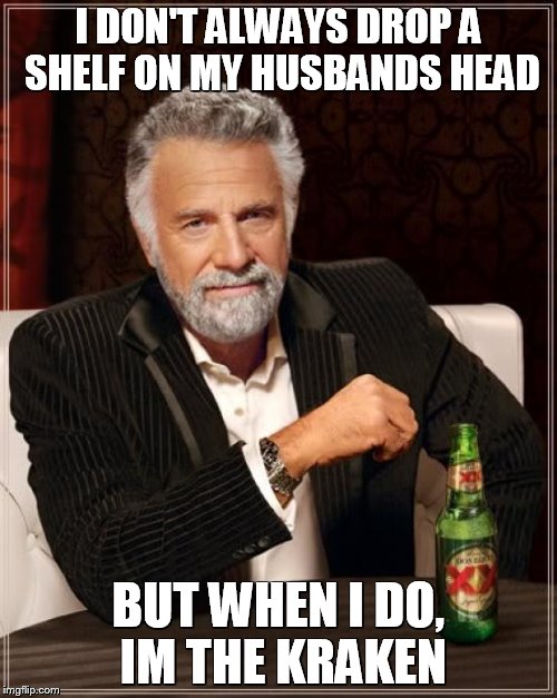The Most Interesting Man In The World Meme | I DON'T ALWAYS DROP A SHELF ON MY HUSBANDS HEAD; BUT WHEN I DO, IM THE KRAKEN | image tagged in memes,the most interesting man in the world | made w/ Imgflip meme maker
