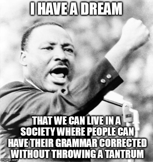 Grammar | I HAVE A DREAM; THAT WE CAN LIVE IN A SOCIETY WHERE PEOPLE CAN HAVE THEIR GRAMMAR CORRECTED WITHOUT THROWING A TANTRUM | image tagged in martin luther king jr,memes,grammar | made w/ Imgflip meme maker