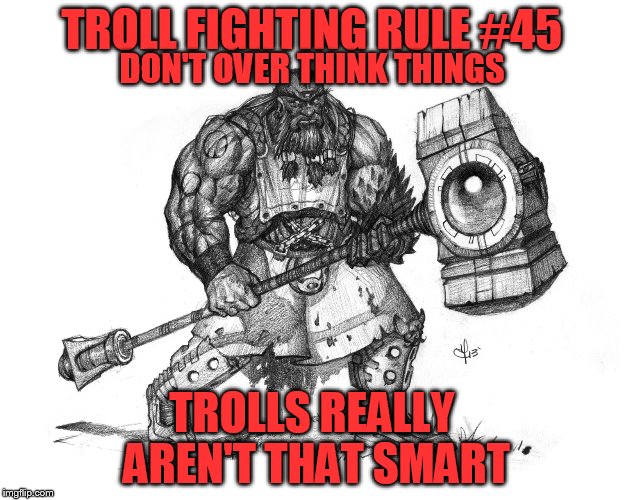 Troll Fighting Rule #45 | TROLL FIGHTING RULE #45; DON'T OVER THINK THINGS; TROLLS REALLY AREN'T THAT SMART | image tagged in troll smasher | made w/ Imgflip meme maker