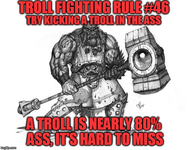 Troll Smasher | TROLL FIGHTING RULE #46; TRY KICKING A TROLL IN THE ASS; A TROLL IS NEARLY 80% ASS, IT'S HARD TO MISS | image tagged in troll smasher | made w/ Imgflip meme maker