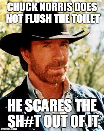 I know, this joke sucks butt it's all I got | CHUCK NORRIS DOES NOT FLUSH THE TOILET; HE SCARES THE SH#T OUT OF IT | image tagged in memes,chuck norris,trhtimmy | made w/ Imgflip meme maker