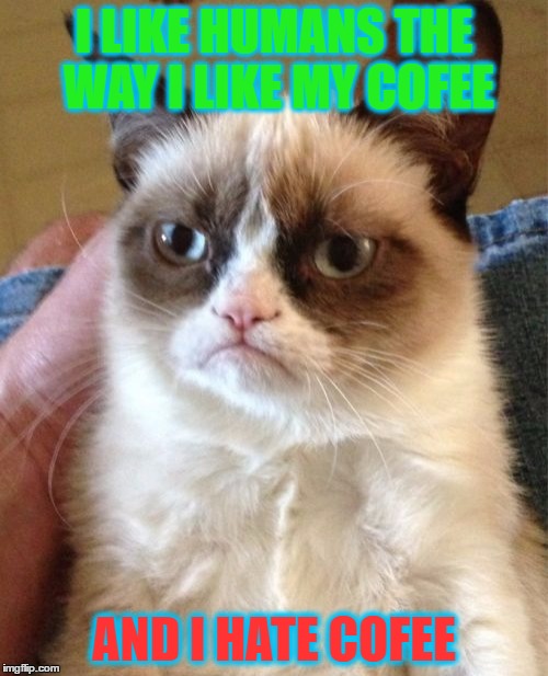 Grumpy Cat | I LIKE HUMANS THE WAY I LIKE MY COFEE; AND I HATE COFEE | image tagged in memes,grumpy cat | made w/ Imgflip meme maker