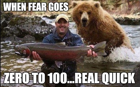 WHEN FEAR GOES ZERO TO 100...REAL QUICK | WHEN FEAR GOES; ZERO TO 100...REAL QUICK | image tagged in fishing,bears,outdoors,zero to 100,fear,drake | made w/ Imgflip meme maker