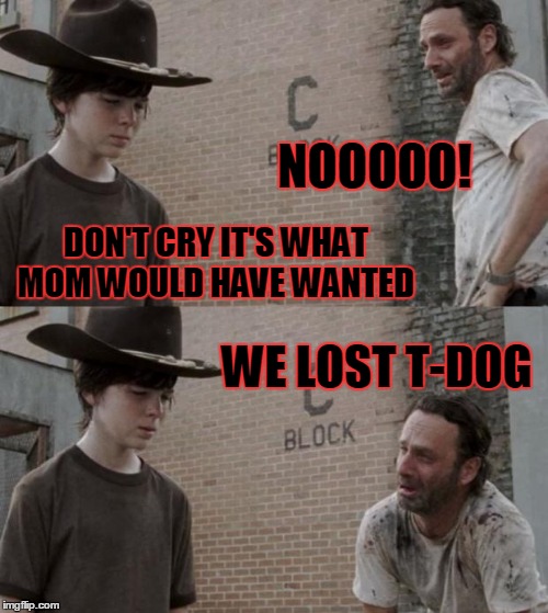 Rick and Carl | NOOOOO! DON'T CRY IT'S WHAT MOM WOULD HAVE WANTED; WE LOST T-DOG | image tagged in memes,rick and carl | made w/ Imgflip meme maker
