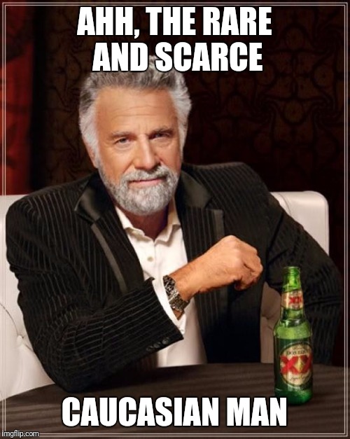 The Most Interesting Man In The World Meme | AHH, THE RARE AND SCARCE; CAUCASIAN MAN | image tagged in memes,the most interesting man in the world | made w/ Imgflip meme maker