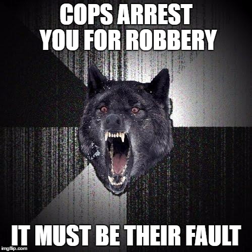 Insanity Wolf Meme | COPS ARREST YOU FOR ROBBERY; IT MUST BE THEIR FAULT | image tagged in memes,insanity wolf | made w/ Imgflip meme maker