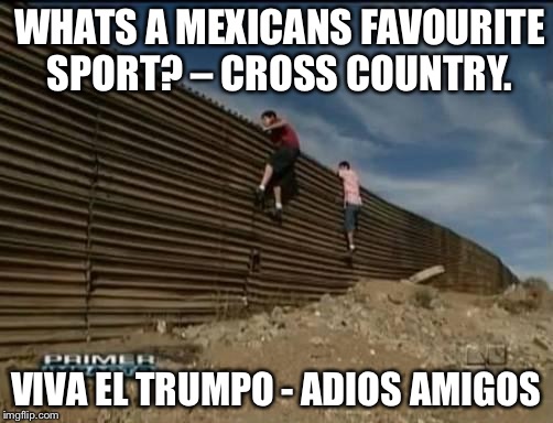 mexicanossaltamuros | WHATS A MEXICANS FAVOURITE SPORT?
– CROSS COUNTRY. VIVA EL TRUMPO - ADIOS AMIGOS | image tagged in mexicanossaltamuros | made w/ Imgflip meme maker