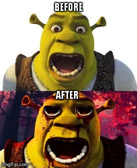 shocked Shrek, before and after | BEFORE; AFTER | image tagged in shrek | made w/ Imgflip meme maker