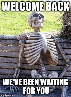 Waiting Skeleton Meme | WELCOME BACK; WE'VE BEEN WAITING FOR YOU | image tagged in memes,waiting skeleton | made w/ Imgflip meme maker