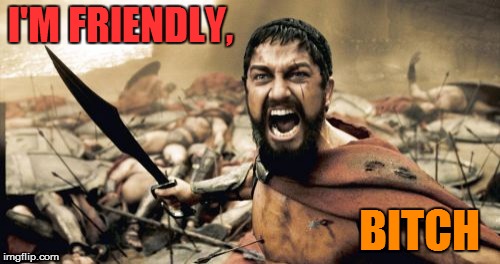 Sparta Leonidas Meme | I'M FRIENDLY, B**CH | image tagged in memes,sparta leonidas | made w/ Imgflip meme maker