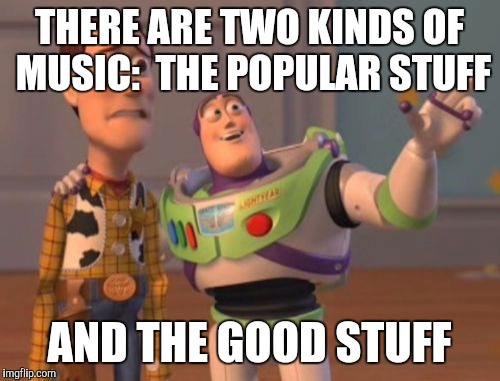 X, X Everywhere Meme | THERE ARE TWO KINDS OF MUSIC:  THE POPULAR STUFF; AND THE GOOD STUFF | image tagged in memes,x x everywhere | made w/ Imgflip meme maker