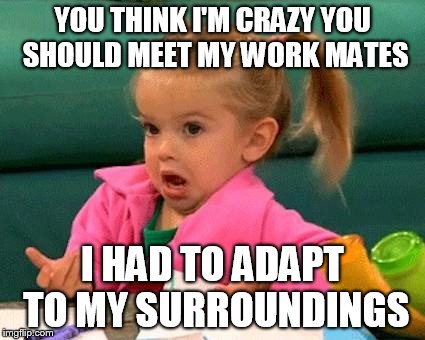 I don't know (Good Luck Charlie) | YOU THINK I'M CRAZY YOU SHOULD MEET MY WORK MATES; I HAD TO ADAPT TO MY SURROUNDINGS | image tagged in i don't know good luck charlie | made w/ Imgflip meme maker