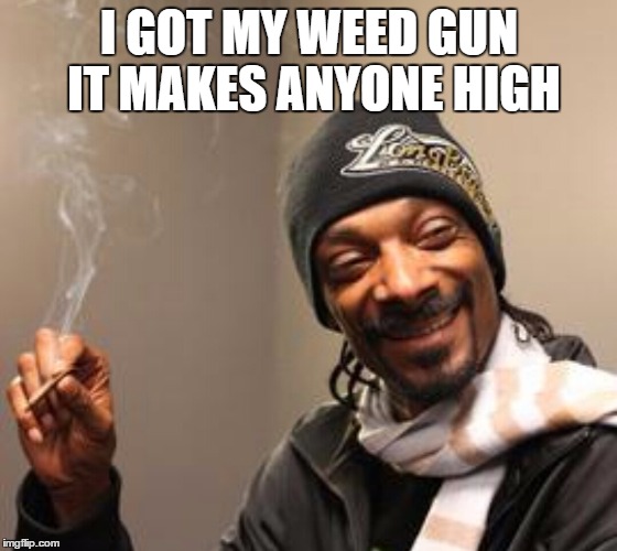 Laughing snoopdog dogg | I GOT MY WEED GUN IT MAKES ANYONE HIGH | image tagged in laughing snoopdog dogg | made w/ Imgflip meme maker