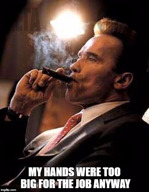 arnold cigar | MY HANDS WERE TOO BIG FOR THE JOB ANYWAY | image tagged in arnold cigar | made w/ Imgflip meme maker
