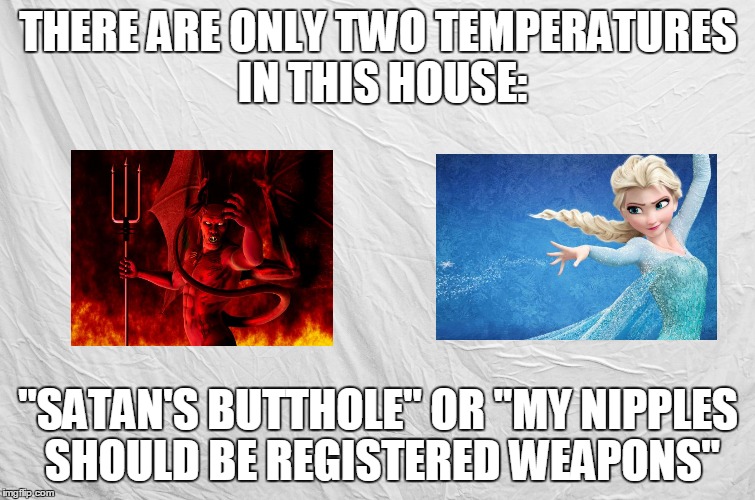 THERE ARE ONLY TWO TEMPERATURES IN THIS HOUSE:; "SATAN'S BUTTHOLE" OR "MY NIPPLES SHOULD BE REGISTERED WEAPONS" | image tagged in hot,cold,frozen,elsa,hell,broken heater | made w/ Imgflip meme maker