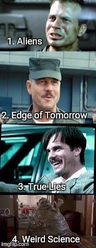 In honor of Bill Paxton, vote for your favorite in the comments section.  | 1. Aliens; 2. Edge of Tomorrow; 3. True Lies; 4. Weird Science | image tagged in memes,movies,polls | made w/ Imgflip meme maker