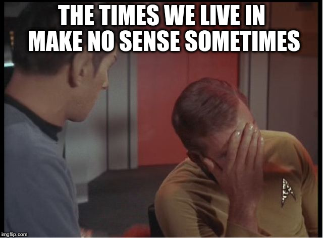 THE TIMES WE LIVE IN MAKE NO SENSE SOMETIMES | image tagged in kirk facepalm | made w/ Imgflip meme maker