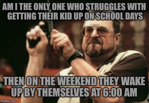 Am I The Only One Around Here Meme | AM I THE ONLY ONE WHO STRUGGLES WITH GETTING THEIR KID UP ON SCHOOL DAYS; THEN ON THE WEEKEND THEY WAKE UP BY THEMSELVES AT 6:00 AM | image tagged in memes,am i the only one around here | made w/ Imgflip meme maker