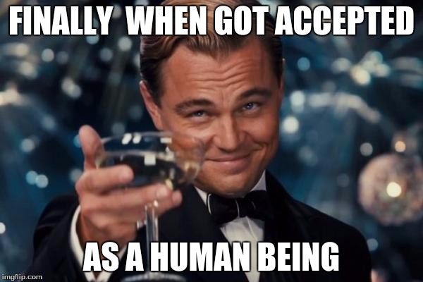 Leonardo Dicaprio Cheers Meme | FINALLY  WHEN GOT ACCEPTED; AS A HUMAN BEING | image tagged in memes,leonardo dicaprio cheers | made w/ Imgflip meme maker