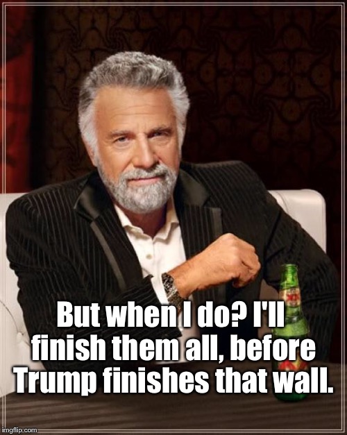The Most Interesting Man In The World Meme | But when I do? I'll finish them all, before Trump finishes that wall. | image tagged in memes,the most interesting man in the world | made w/ Imgflip meme maker