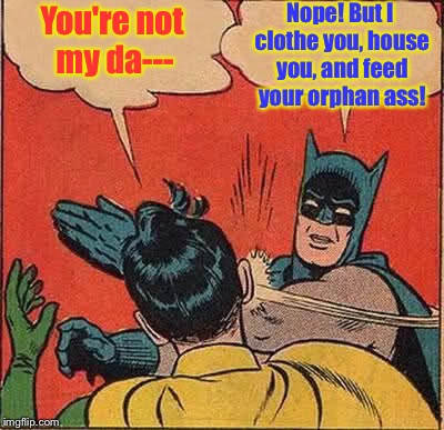 Batman Slapping Robin Meme | You're not my da--- Nope! But I clothe you, house you, and feed your orphan ass! | image tagged in memes,batman slapping robin | made w/ Imgflip meme maker