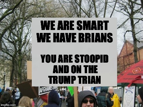 protest  | WE ARE SMART WE HAVE BRIANS; YOU ARE STOOPID AND ON THE TRUMP TRIAN | image tagged in protest | made w/ Imgflip meme maker
