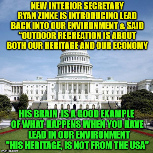 Scumbag Government | NEW INTERIOR SECRETARY RYAN ZINKE IS INTRODUCING LEAD BACK INTO OUR ENVIRONMENT & SAID “OUTDOOR RECREATION IS ABOUT BOTH OUR HERITAGE AND OUR ECONOMY; HIS BRAIN  IS A GOOD EXAMPLE OF WHAT HAPPENS WHEN YOU HAVE   LEAD IN OUR ENVIRONMENT "HIS HERITAGE, IS NOT FROM THE USA" | image tagged in scumbag government | made w/ Imgflip meme maker
