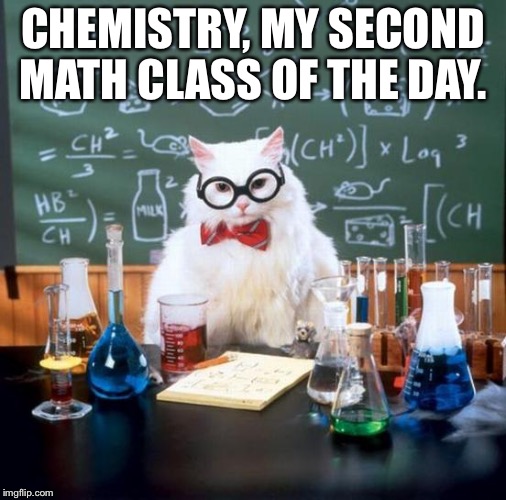 Chemistry Cat Meme | CHEMISTRY, MY SECOND MATH CLASS OF THE DAY. | image tagged in memes,chemistry cat | made w/ Imgflip meme maker