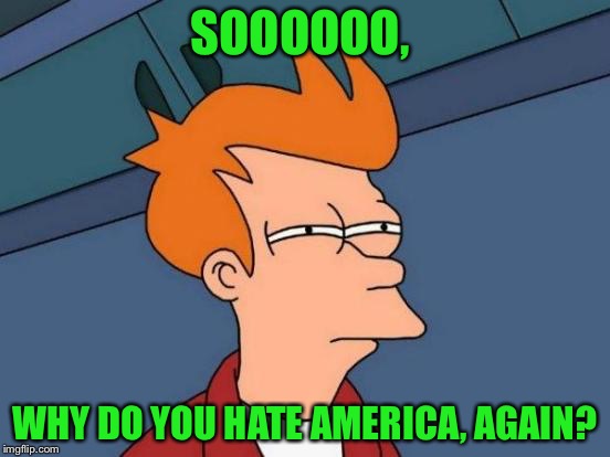 Futurama Fry Meme | SOOOOOO, WHY DO YOU HATE AMERICA, AGAIN? | image tagged in memes,futurama fry | made w/ Imgflip meme maker