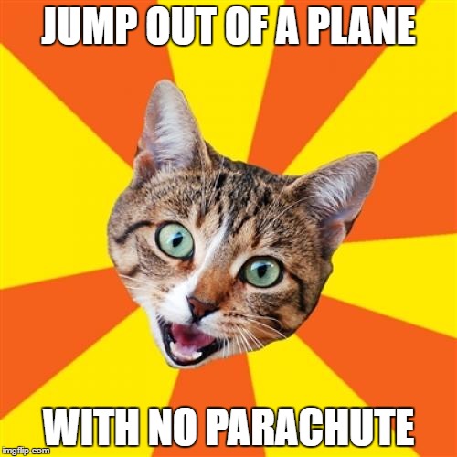 Bad Advice Cat Meme | JUMP OUT OF A PLANE; WITH NO PARACHUTE | image tagged in memes,bad advice cat | made w/ Imgflip meme maker