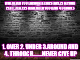 Obstacles | WHEN EVER YOU ENCOUNTER OBSTACLES IN YOUR PATH ..ALWAYS REMEMBER YOU HAVE 4 CHOICES; 1. OVER 2. UNDER 3.AROUND AND 4. THROUGH........NEVER GIVE UP | image tagged in the wall | made w/ Imgflip meme maker