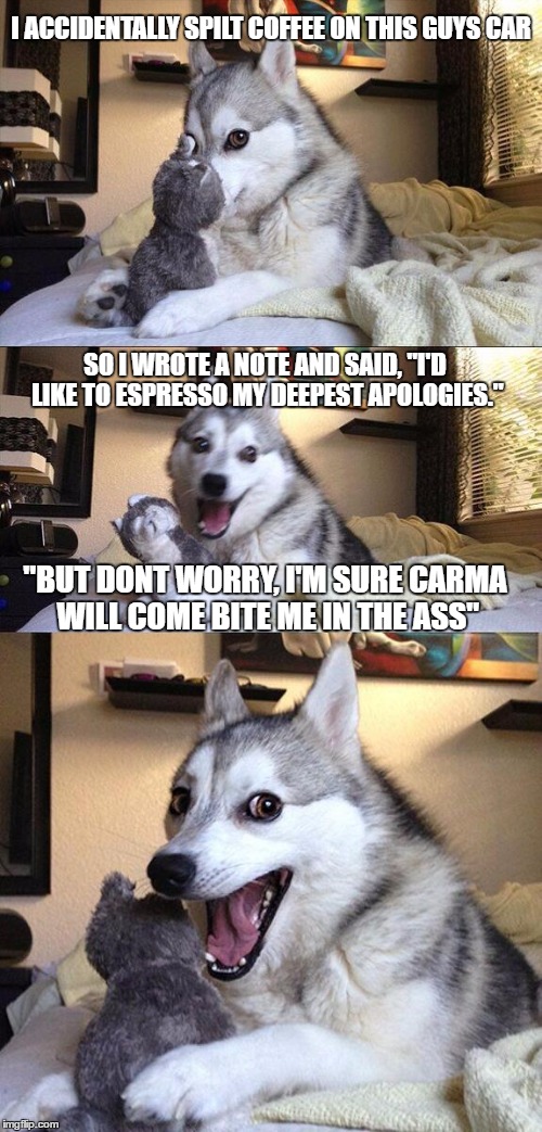 Bad Pun Dog | I ACCIDENTALLY SPILT COFFEE ON THIS GUYS CAR; SO I WROTE A NOTE AND SAID, "I'D LIKE TO ESPRESSO MY DEEPEST APOLOGIES."; "BUT DONT WORRY, I'M SURE CARMA WILL COME BITE ME IN THE ASS" | image tagged in memes,bad pun dog | made w/ Imgflip meme maker