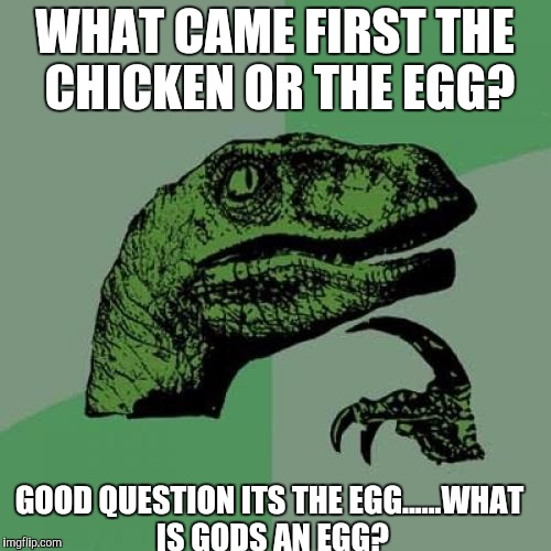 Philosoraptor Meme | WHAT CAME FIRST THE CHICKEN OR THE EGG? GOOD QUESTION ITS THE EGG......WHAT IS GODS AN EGG? | image tagged in memes,philosoraptor | made w/ Imgflip meme maker