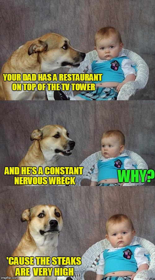 Dad Joke Dog | YOUR DAD HAS A RESTAURANT ON TOP OF THE TV TOWER; AND HE'S A CONSTANT NERVOUS WRECK; WHY? 'CAUSE THE STEAKS ARE  VERY HIGH | image tagged in memes,dad joke dog | made w/ Imgflip meme maker